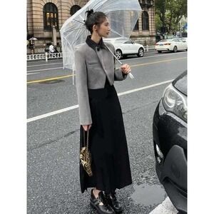 Fashion Classic‎ Gray Cropped Blazer and Black Pleated Maxi Skirt Set 9402 XL